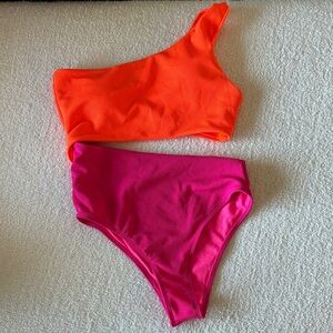Orange and Pink One-Shoulder Bikini Set